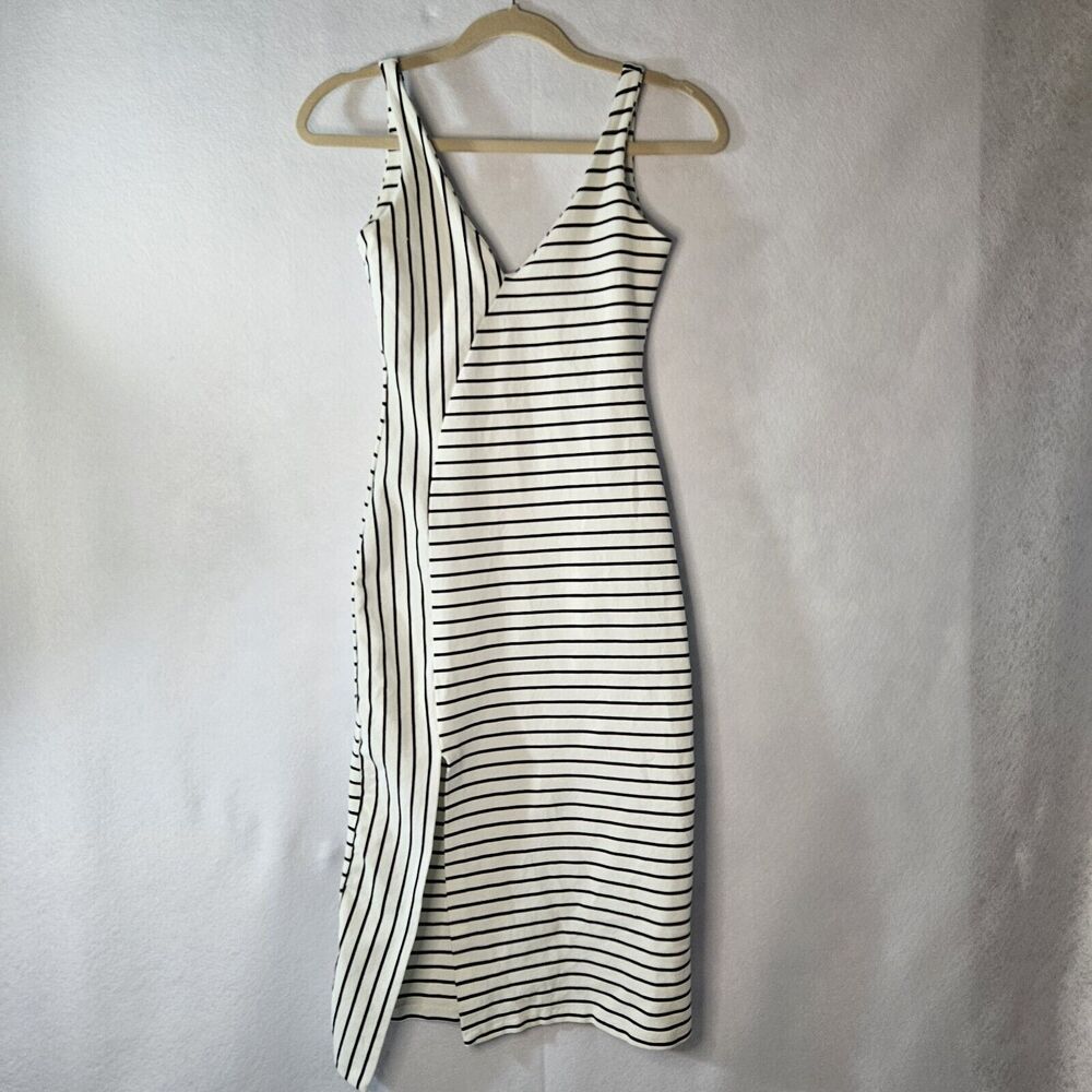 ZARA Trufaluc Collection Sz S Black & White Stripe Lined Fitted Dress Slit